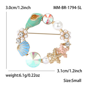 Broche Nautique en Émail Coquillage Étoile de Mer Fausse Perle, Alliage Plaqué Or, Motif Couronne de Cristaux, Épingle de Revers pour Décoration de Robe - Product Image 4