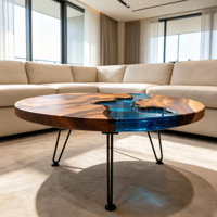 Table basse en bois naturel et résine époxy, plateau bleu incrusté, pieds en métal noir type cheveux de cheval, pour salon, villa, fabriquée au Jiangxi
