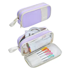 紫色新款低价拉链面料铅笔盒多层便携式文具笔笔袋散装