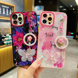 Étui de téléphone esthétique en époxy à paillettes avec fleurs, fait main, avec fonction porte-clés et portefeuille, antichoc, étanche, couleur personnalisable, pour femmes - Product Image 2