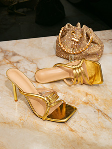 รองเท้าส้นสูงผู้หญิง QLFashion สีทอง ดีไซน์หรูหราสำหรับงานปาร์ตี้ แบบสวมหัวเหลี่ยม - Product Image 6