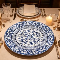 Assiettes de présentation rondes élégantes de 13 pouces en plastique style porcelaine bleue et blanche, en gros, pour événements