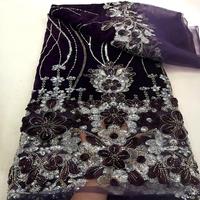 Nouveau tissu en dentelle de velours brodé à la main, luxueux, orné de perles et de paillettes, pour mariage nigérian