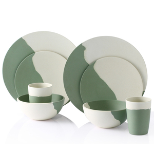 Bambus Geschirr 16Pcs Cắm Trại Ăn Màu Xanh Lá Cây Bộ, Sinh Thái Thân Thiện Hai Tone Phân Hủy Sinh Học Bộ Đồ Ăn Bằng Tre Cho Dã Ngoại - Product Image 1