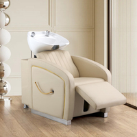 Chaise de lavage de cheveux moderne réglable avec revêtement en cuir PU et lavabo en céramique, design étanche pour salon de coiffure et spa commercial