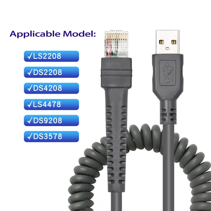 Spiral einziehbares USB-zu-RJ45-Barcode-Scannerkabel für Symbol Moto Zebr LS2208/DS2208/ LS4208/LS4478/DS9208/DS3578