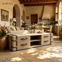 Console multimédia vintage en forme de coffre, avec garniture en cuir et toile, 4 tiroirs, compartiments de rangement ouverts et quincaillerie en laiton