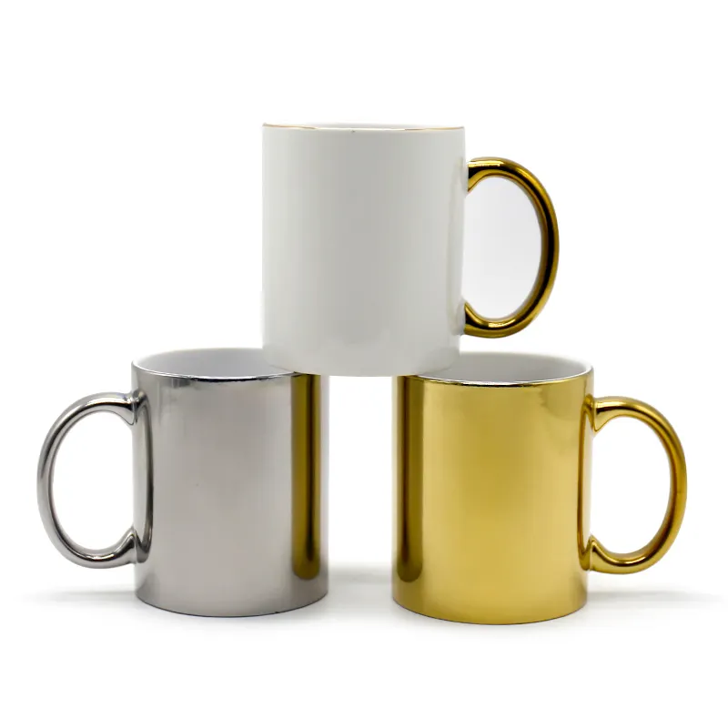 Caneca de café simples revestida de ouro, xícaras brancas revestidas de prata para subolmação 11oz, caneca de cerâmica metálica