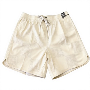 Short de bain pour homme, couleur crème, style vintage, 100% polyester, taille mi-haute, séchage rapide, avec cordon de serrage élastique à la taille, pour la plage et l'entraînement - Product Image 2