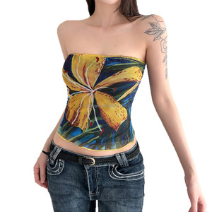 Vacation Style Knitted Eco-Friendly Floral Print Ruched <b>Front</b> Tube <b>Top</b> Women Summer Hot Sale Sleeveless <b>Cutout</b> Mesh Breathable - Product Image 6
