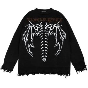 Pull en tricot effiloché Hip Hop pour hommes, imprimé gothique lettres chauve-souris squelette, pull pour femmes, pull de rue d'automne, punk, chaud - Product Image 1