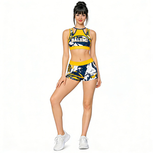 Ensemble <span class=keywords><strong>de</strong></span> <span class=keywords><strong>danse</strong></span> Balumi pour filles, uniforme <span class=keywords><strong>de</strong></span> cheerleading respirant en spandex, bleu marine et jaune, imprimé avec strass, haut court et short, vente chaude OEM - Product Image 1