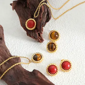 2023 European and American fashion light luxury temperament tiger eye stone, Red Turquoise necklace and earring jewelry set