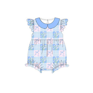 SR4089 Conjunto de pelele personalizado para bebés y niños pequeños, al por mayor, con estampado de lunares y lazos de flores azules, pelele de manga corta para niña - Product Image 4