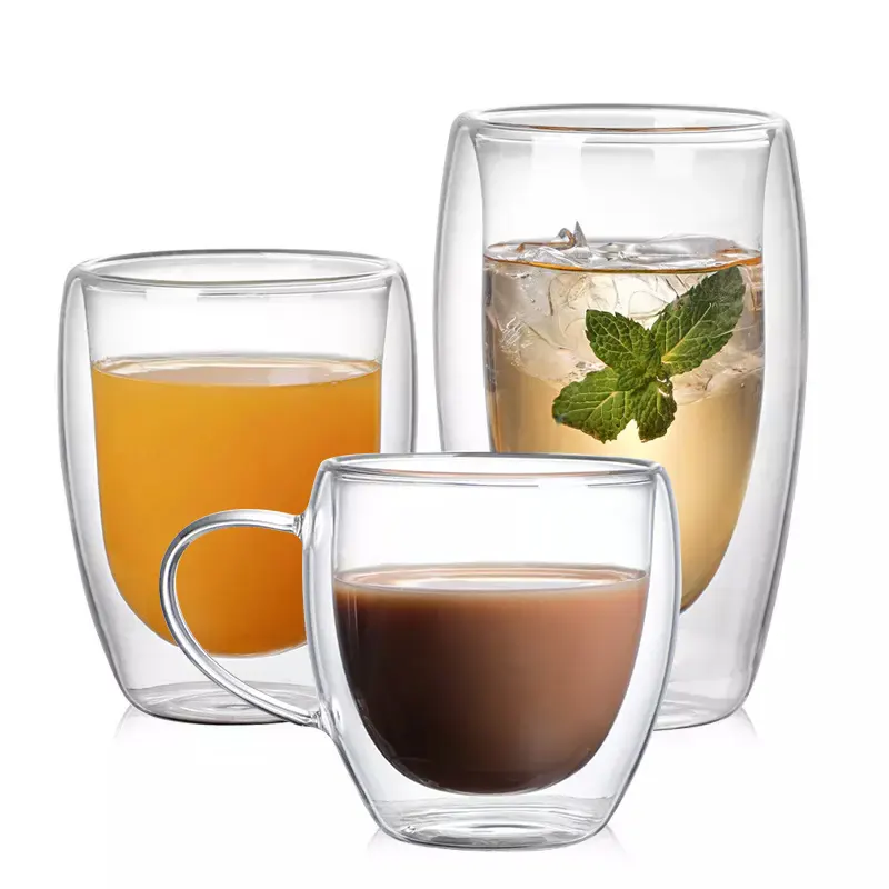 Tazza da caffè in vetro a doppia parete ad alta resistenza al calore con Logo personalizzato con manico in vetro