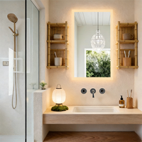 Miroir de salle de bain rétroéclairé anti-buée Kingstin - Cadre en acier inoxydable, miroir de coiffeuse mural pour salles de bain de style bois
