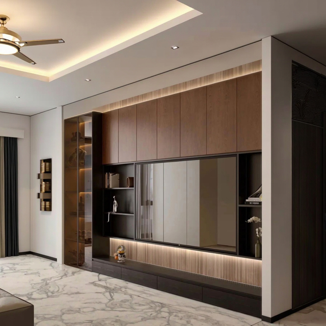 Luxury Modern Design Melamine MDF Wood Wall Mounted Panel Suspended TV Console Stand Cabinet Set Living Room Furniture Fits