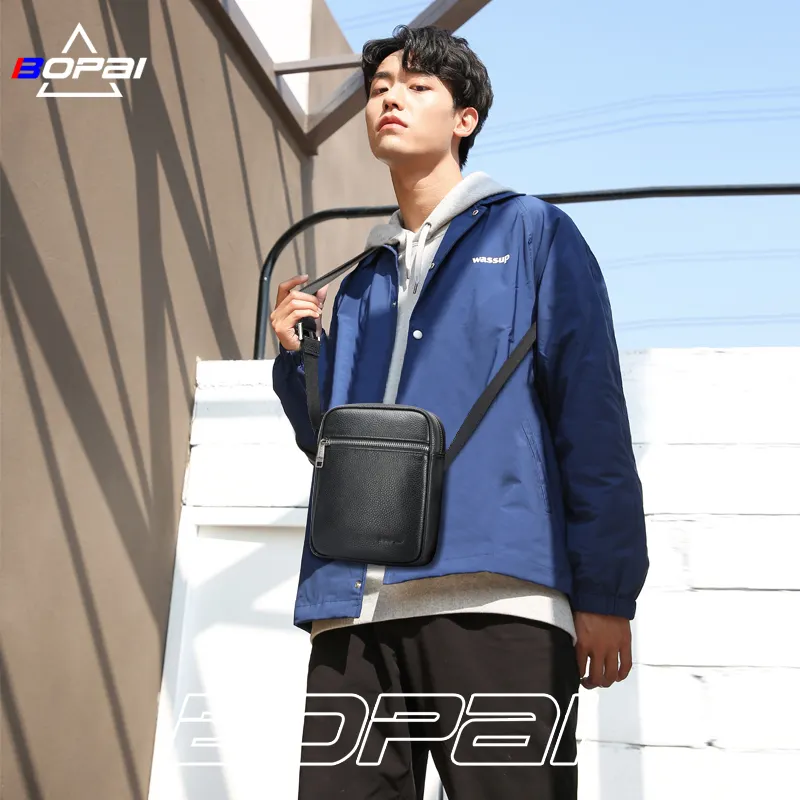 BOPAI custom logo lightweight trendy sidebag single strap shoulder men fashion luxury crossbody genuine leather messenger bag