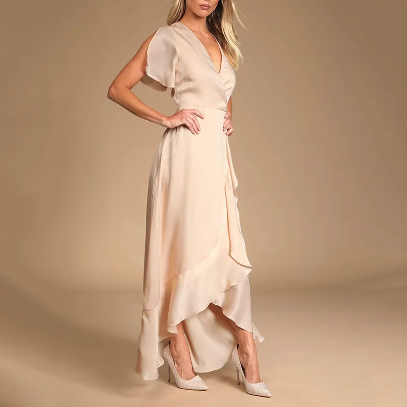 Oem Hot Selling Forever Elegant Light Peach Satin Ruffled Maxi Dress With High Waist Split Short Sleeves Dresses