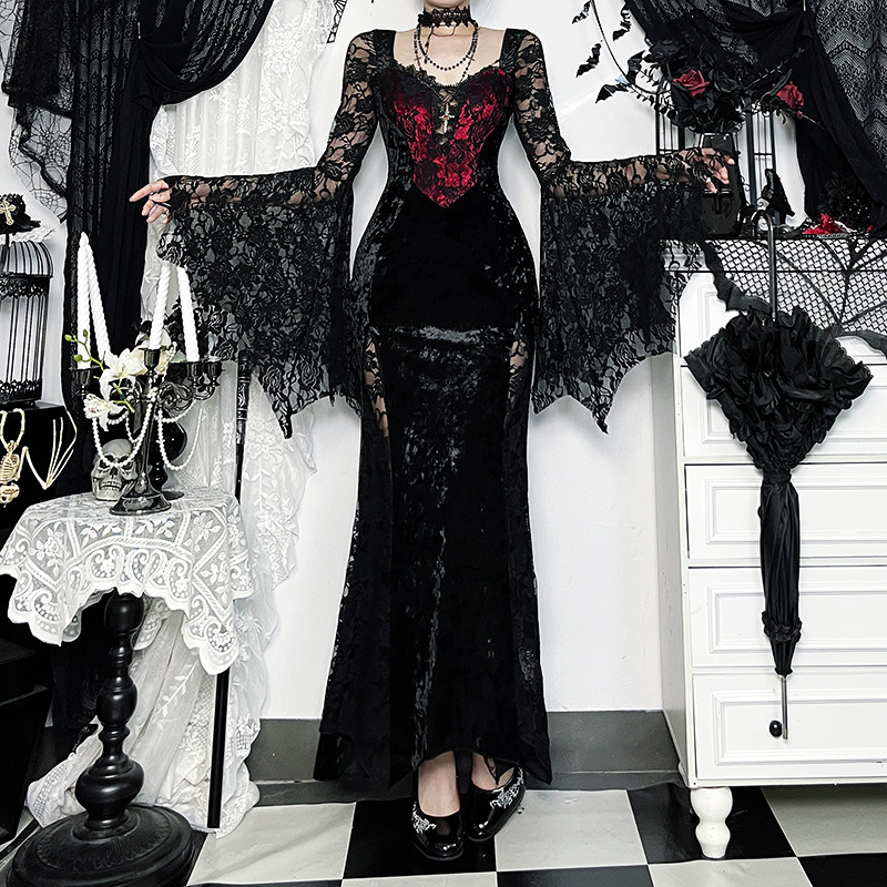 open lace back dress Off-Shoulder Black Ruffled Lace-Up Slouchy Goth Dress main image 0