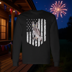 T-shirt a maniche lunghe con bandiera americana Western Screech Owl, design del 4 luglio - Product Image 3
