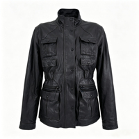 Veste en cuir véritable pour femme, style streetwear, col montant, en peau de mouton, avec multiples poches irrégulières, fabrication artisanale, direct usine