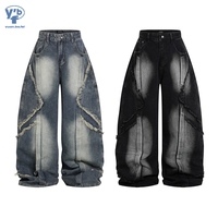 Jean baggy bleu YUANBOFEI vintage à ourlet brut et motif ligné, jean large pour homme avec surpiqûres contrastées pour le streetwear