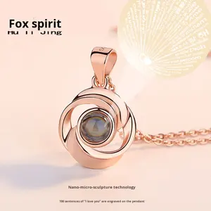 Collier en argent S925 avec chaîne en os de serpent rose, style naturel, pour femmes, pendentif de projection « Je t'aime » en 100 langues - Product Image 3