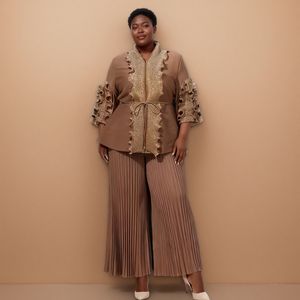 Tunica <span class=keywords><strong>elegante</strong></span> Miyake Set 2 pezzi per donna taglie forti Casual stile impero con <span class=keywords><strong>pizzo</strong></span> arricciato Top a pieghe a gamba larga tailleur - Product Image 5