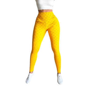 High Waist Yellow <b>Yoga</b> Leggings For <b>Women</b>, Seamless Textured Spandex Full Length Stretchy Fitness <b>Pants</b>, Solid Color Elastic Wai - Product Image 1