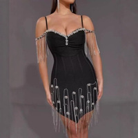 Robe moulante mini pour femme à fines bretelles, style bandage, avec strass et franges, idéale pour anniversaire, club, soirée