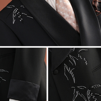 Blazer noir croisé en satin à revers châle, broderie blanche motif bambou, coupe ajustée, pour costumes de mariage formels pour hommes