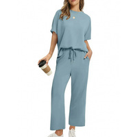 Ensembles deux pièces pour femmes, automne, tissu uni, manches courtes, hauts à col montant, pantalons à jambes larges, tenues de vacances et de voyage