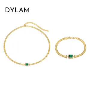 Dylam, комплект модных украшений, однотонный Серебряный, 14K позолоченный Изумрудный, 5 А Цирконий, кубический браслет, цепочка, Кулон, Ожерелье