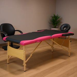 Mesa de masaje plegable de madera de 2 zonas en negro y rosa con reposacabezas incorporado para terapeutas - Product Image 2