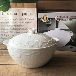 Cuencos de cerámica blanca para sopa, decoración en relieve y tapa de olla para sopa, oferta