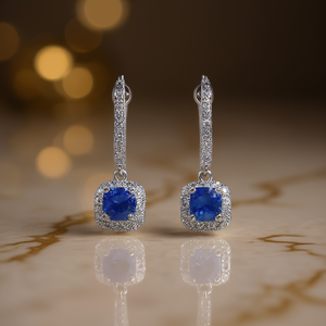 Orecchini a Cerchio E2911 Blu Placcati Argento con Taglio Principessa e Montatura a Griffe Quadrate, Gioielli da Donna - Product Image 2