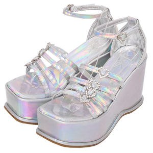 10cm Silver <b>Wedge</b> <b>High</b> Heels With Quad Straps Heeled Sandals - Product Image 3