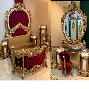 Traditional Style High <b>Back</b> Crown <b>Bed</b> Antique Gold Polish <b>Bed</b> With Nightstands Heavy Carved Teak Wood Bedroom Furniture USA - Product Image 1