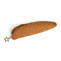 Pochette de papeterie vintage texturée en cuir PU longue, couleur unie neutre, fermeture éclair lisse, pendentif étoile, étui portable pour stylos d'étudiant