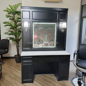 Estación de mesa de peluquero de pintura negra con muebles de salón de espejo Led para configuración de barbería con estilo - Product Image 1