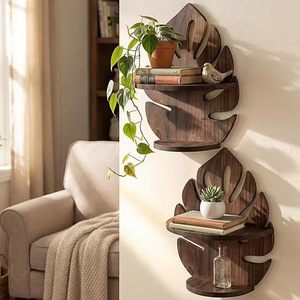 Wooden <b>Wall</b> <b>Mounted</b> Double Layer Plant Display Rack Irregular Shape Float <b>Shelf</b> For Living Room Storage - Product Image 1