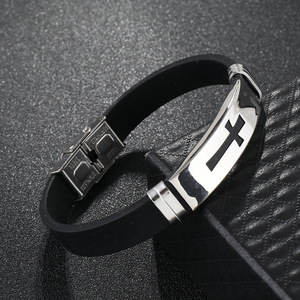 Fashion Trendy Casual <b>Men's</b> Religious Jewelry Gift Stainless Steel No Fade Cross Black Silicone Strap <b>Bangle</b> - Product Image 3