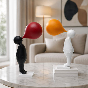 Set di Sculture Minimaliste Figura Umanoide Bianco e Nero con Palloncino Rosso in Resina Artistica, Decorazione Moderna da Collezione, Ornamento da Scrivania, Regalo, Vendita all'Ingrosso - Product Image 2
