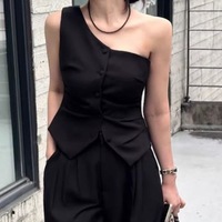 Ensemble décontracté chic pour femme : Gilet asymétrique boutonné et pantalon large au-dessus du genou – Tenue 2 pièces personnalisée en nylon/coton pour le bureau