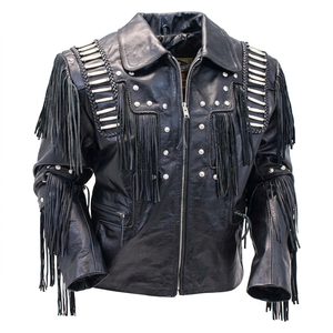 Men's Black Sheep Leather Waterproof Winter Moto Biker <b>Jacket</b> Stand Collar Zipper Closure <b>Fringe</b> Decoration Regular Sleeve - Product Image 1