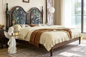 Premium Queen Size Dark Wood Spindle <b>Bed</b> With Tropical Print Double Arched Upholstered Headboard For Bedroom - Product Image 5