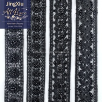 Ruban en dentelle brodée de perles noires et de sequins, motif géométrique Paisley, 100% polyester, pour la décoration de robes
