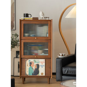 Nordic <b>Solid</b> <b>Wood</b> <b>Bookcase</b> 3 Compartments Vintage Cabinet Living Room Storage With Doors Floor Standing Cabinet - Product Image 1