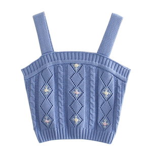 2024 femmes été tricoté <span class=keywords><strong>gilet</strong></span> Cool mode <span class=keywords><strong>sans</strong></span> manches pull brodé fleur conception personnalisable - Product Image 6